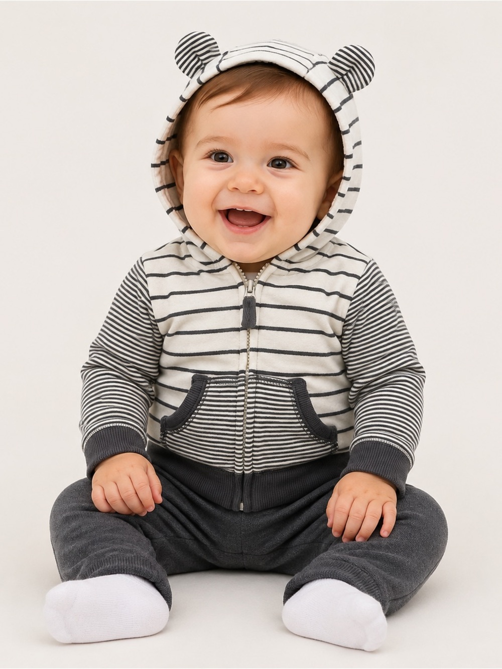 Carter’s Baby Boy 6M Striped Fleece-Lined Bear Ear Zip Hoodie